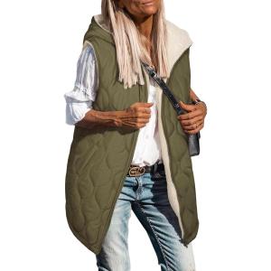 imageECOWISH Women Long Puffer Vest Fall Zip up Reversible Fleece Jacket 2025 Winter Warm Sleeveless Hooded Coat with Pockets462 Army Green