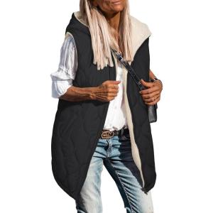 imageECOWISH Women Long Puffer Vest Fall Zip up Reversible Fleece Jacket 2025 Winter Warm Sleeveless Hooded Coat with Pockets462 Black