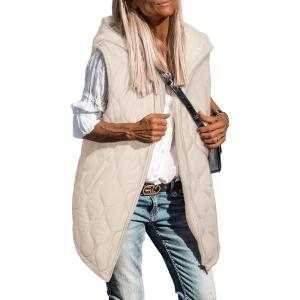imageECOWISH Women Long Puffer Vest Fall Zip up Reversible Fleece Jacket 2025 Winter Warm Sleeveless Hooded Coat with Pockets462 Light Khaki