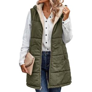 imageECOWISH Women Long Puffer Vest Fall Zip up Reversible Fleece Jacket 2025 Winter Warm Sleeveless Hooded Coat with PocketsArmy Green