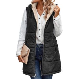 imageECOWISH Women Long Puffer Vest Fall Zip up Reversible Fleece Jacket 2025 Winter Warm Sleeveless Hooded Coat with PocketsBlack