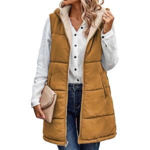 imageECOWISH Women Long Puffer Vest Fall Zip up Reversible Fleece Jacket 2025 Winter Warm Sleeveless Hooded Coat with PocketsBrown