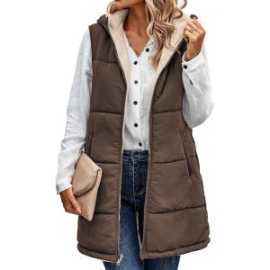 imageECOWISH Women Long Puffer Vest Fall Zip up Reversible Fleece Jacket 2025 Winter Warm Sleeveless Hooded Coat with PocketsCoffee