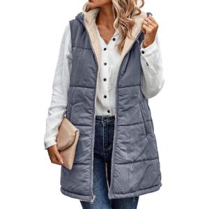 imageECOWISH Women Long Puffer Vest Fall Zip up Reversible Fleece Jacket 2025 Winter Warm Sleeveless Hooded Coat with PocketsGrey Blue