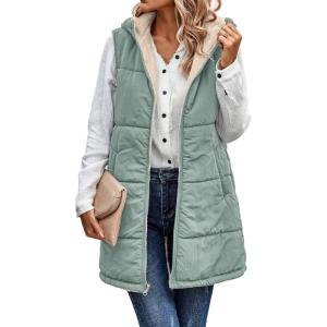 imageECOWISH Women Long Puffer Vest Fall Zip up Reversible Fleece Jacket 2025 Winter Warm Sleeveless Hooded Coat with PocketsGrey Green