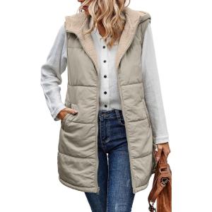 imageECOWISH Women Long Puffer Vest Fall Zip up Reversible Fleece Jacket 2025 Winter Warm Sleeveless Hooded Coat with PocketsLight Khaki