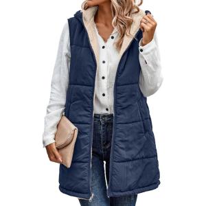 imageECOWISH Women Long Puffer Vest Fall Zip up Reversible Fleece Jacket 2025 Winter Warm Sleeveless Hooded Coat with PocketsNavy Blue