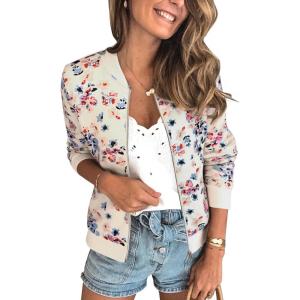 imageECOWISH Womens Casual Floral Zip Up Bomber Jacket Coat Lightweight Short Camo No Lining Outwear Tops Windbreaker with Pocket3303 Blue Flower