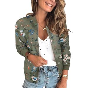imageECOWISH Womens Casual Floral Zip Up Bomber Jacket Coat Lightweight Short Camo No Lining Outwear Tops Windbreaker with Pocket337army Green