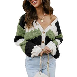 imageECOWISH Womens Cropped Cardigan Sweaters 2025 Fall Striped Color Block Long Sleeve Button Up Knit Sweater Y2k CoatsArmy Green