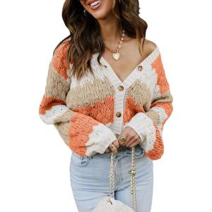 imageECOWISH Womens Cropped Cardigan Sweaters 2025 Fall Striped Color Block Long Sleeve Button Up Knit Sweater Y2k CoatsOrange