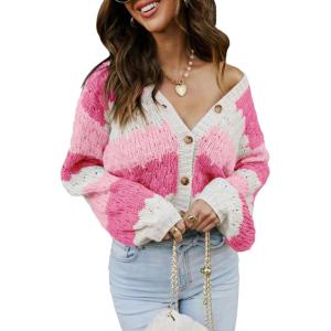imageECOWISH Womens Cropped Cardigan Sweaters 2025 Fall Striped Color Block Long Sleeve Button Up Knit Sweater Y2k CoatsPink