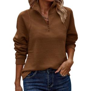 imageECOWISH Women Tops Quarter Zip Fall Winter Tunics Casual Oversized Pullover Ribbed Quilted V Neck Collared Outfits Loose 2025Coffee