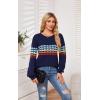 imageECOWISH Womens Sweater Rainbow Colorful Striped Sweaters Long Sleeve Crew Neck Color Block Casual Pullover Blouse Tops3474 Navy