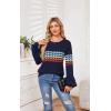 imageECOWISH Womens Sweater Rainbow Colorful Striped Sweaters Long Sleeve Crew Neck Color Block Casual Pullover Blouse Tops3474 Navy