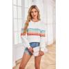 imageECOWISH Womens Sweater Rainbow Colorful Striped Sweaters Long Sleeve Crew Neck Color Block Casual Pullover Blouse Tops3474 White