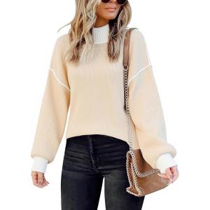 imageECOWISH Women Fall Pullover Sweater Turtleneck Plaid Long Sleeve Loose Casual Chunky Checked Knit Winter Sweaters Jumper Tops471 Beige