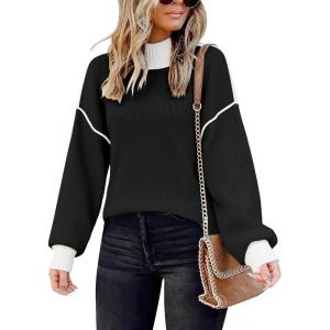 imageECOWISH Women Fall Pullover Sweater Turtleneck Plaid Long Sleeve Loose Casual Chunky Checked Knit Winter Sweaters Jumper Tops471 Black