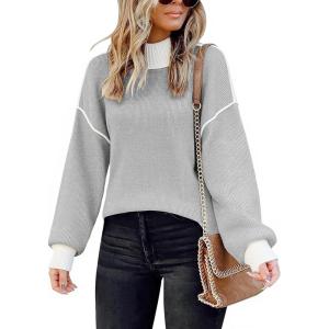 imageECOWISH Women Fall Pullover Sweater Turtleneck Plaid Long Sleeve Loose Casual Chunky Checked Knit Winter Sweaters Jumper Tops471 Grey