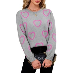 imageECOWISH Women Valentine Heart Sweater V Neck Embroidery Knit Loose Casual Long Sleeve Ribbed Pullover Sweaters3459 Gray