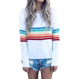 imageECOWISH Womens Sweater Rainbow Colorful Striped Sweaters Long Sleeve Crew Neck Color Block Casual Pullover Blouse Tops01 White