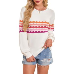 imageECOWISH Womens Sweater Rainbow Colorful Striped Sweaters Long Sleeve Crew Neck Color Block Casual Pullover Blouse Tops3474 Beige