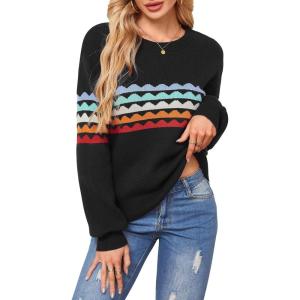 imageECOWISH Womens Sweater Rainbow Colorful Striped Sweaters Long Sleeve Crew Neck Color Block Casual Pullover Blouse Tops3474 Black