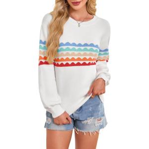 imageECOWISH Womens Sweater Rainbow Colorful Striped Sweaters Long Sleeve Crew Neck Color Block Casual Pullover Blouse Tops3474 White