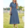 imageECOWISH Short Sleeve Womens Dress Summer Lapel Collar Button Front Casual ALine Maxi Midi Shirt Dresses with PocketsGray Blue