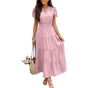 imageECOWISH Short Sleeve Womens Dress Summer Lapel Collar Button Front Casual ALine Maxi Midi Shirt Dresses with Pockets25pink