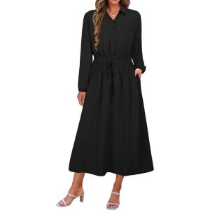 imageECOWISH Short Sleeve Womens Dress Summer Lapel Collar Button Front Casual ALine Maxi Midi Shirt Dresses with Pockets63black