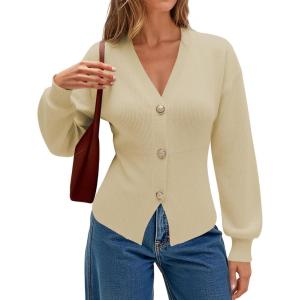 imageECOWISH Cardigan Sweaters for Women 2025 Fall Long Sleeve V Neck Button Down Cropped Sweater Winter Ribbed Knit Outwear475 Beige