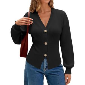 imageECOWISH Cardigan Sweaters for Women 2025 Fall Long Sleeve V Neck Button Down Cropped Sweater Winter Ribbed Knit Outwear475 Black