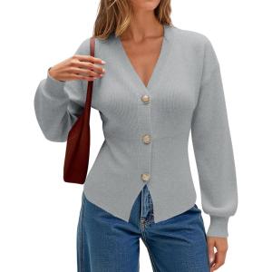 imageECOWISH Cardigan Sweaters for Women 2025 Fall Long Sleeve V Neck Button Down Cropped Sweater Winter Ribbed Knit Outwear475 Grey