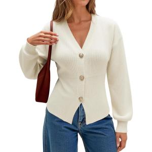 imageECOWISH Cardigan Sweaters for Women 2025 Fall Long Sleeve V Neck Button Down Cropped Sweater Winter Ribbed Knit Outwear475 White