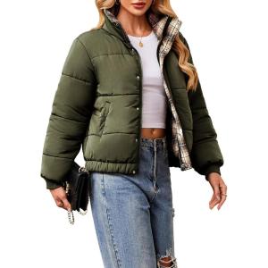 imageECOWISH Womens Cropped Puffer Jacket Coat 2025 Winter Warm Stand Collar Short Quilted Jackets Outerwear with PocketsArmy Green