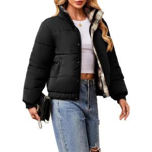 imageECOWISH Womens Cropped Puffer Jacket Coat 2025 Winter Warm Stand Collar Short Quilted Jackets Outerwear with PocketsBlack