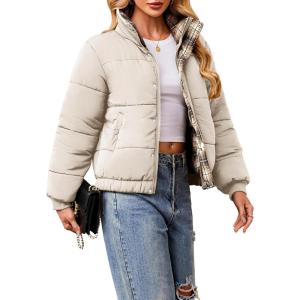 imageECOWISH Womens Cropped Puffer Jacket Coat 2025 Winter Warm Stand Collar Short Quilted Jackets Outerwear with PocketsLight Khaki