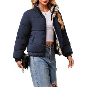 imageECOWISH Womens Cropped Puffer Jacket Coat 2025 Winter Warm Stand Collar Short Quilted Jackets Outerwear with PocketsNavy Blue