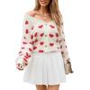 imageECOWISH Women Floral Cropped Cardigan Fall Long Sleeve Button Down Fuzzy Heart Print Knit Sweaters Casual Y2k Outerwear407 White2