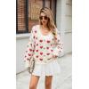 imageECOWISH Women Floral Cropped Cardigan Fall Long Sleeve Button Down Fuzzy Heart Print Knit Sweaters Casual Y2k Outerwear407 White2