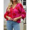 imageECOWISH Women Floral Cropped Cardigan Fall Long Sleeve Button Down Fuzzy Heart Print Knit Sweaters Casual Y2k OuterwearStrawberryred