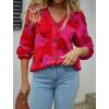 imageECOWISH Women Floral Cropped Cardigan Fall Long Sleeve Button Down Fuzzy Heart Print Knit Sweaters Casual Y2k OuterwearStrawberryred