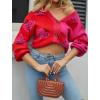 imageECOWISH Women Floral Cropped Cardigan Fall Long Sleeve Button Down Fuzzy Heart Print Knit Sweaters Casual Y2k OuterwearStrawberryred