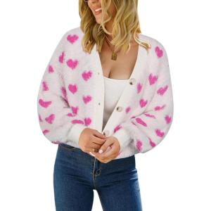 imageECOWISH Women Floral Cropped Cardigan Fall Long Sleeve Button Down Fuzzy Heart Print Knit Sweaters Casual Y2k Outerwear407 White1