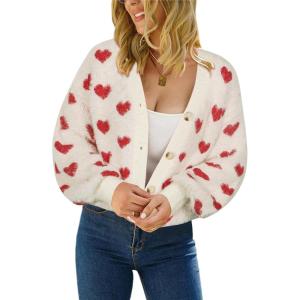 imageECOWISH Women Floral Cropped Cardigan Fall Long Sleeve Button Down Fuzzy Heart Print Knit Sweaters Casual Y2k Outerwear407 White2