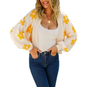 imageECOWISH Women Floral Cropped Cardigan Fall Long Sleeve Button Down Fuzzy Heart Print Knit Sweaters Casual Y2k OuterwearBeige