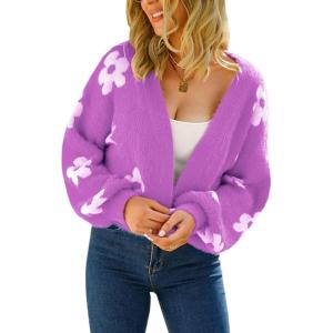 imageECOWISH Women Floral Cropped Cardigan Fall Long Sleeve Button Down Fuzzy Heart Print Knit Sweaters Casual Y2k OuterwearPurple