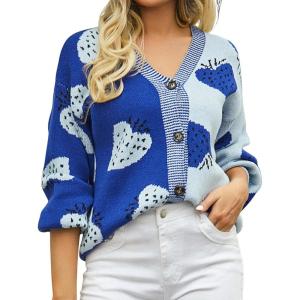 imageECOWISH Women Floral Cropped Cardigan Fall Long Sleeve Button Down Fuzzy Heart Print Knit Sweaters Casual Y2k OuterwearStrawberryblue