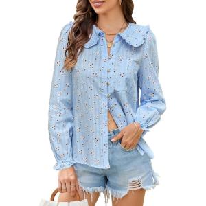 imageECOWISH Womens Long Sleeve Shirts  Peter Pan Collar Button Down Blouse Dressy Casual Puff Cotton Elegant Fall Tops3461 White Blue